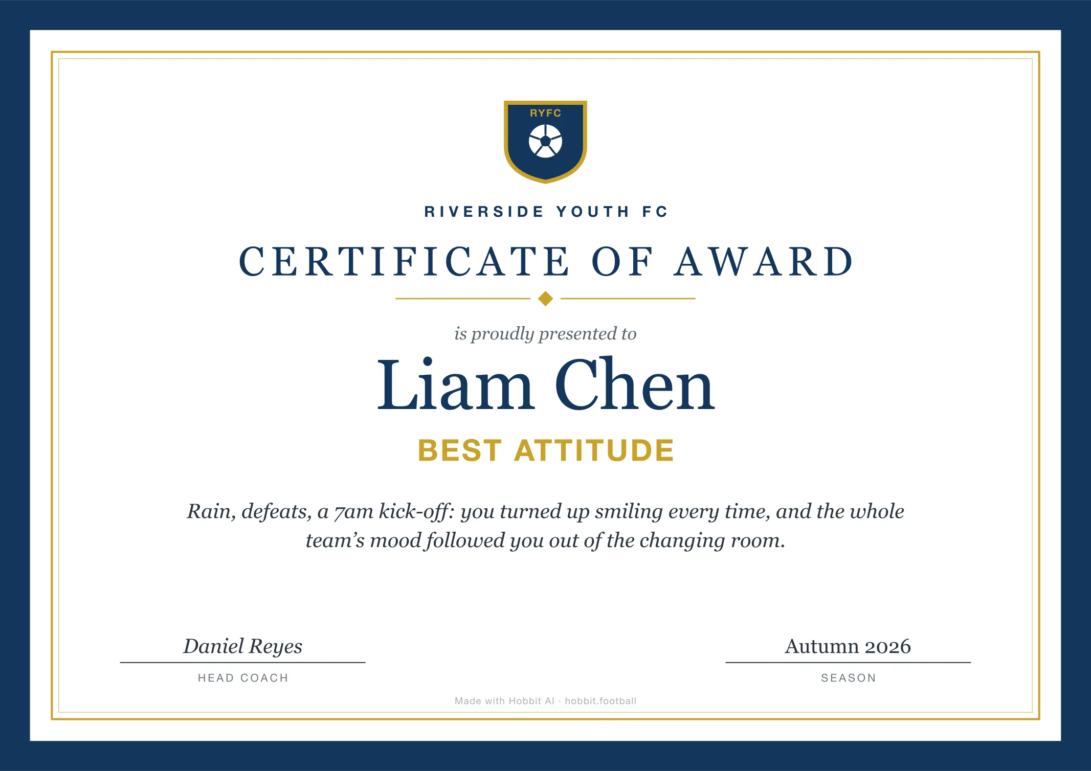 Soccer award certificate for Best Attitude, an end of season youth soccer award idea