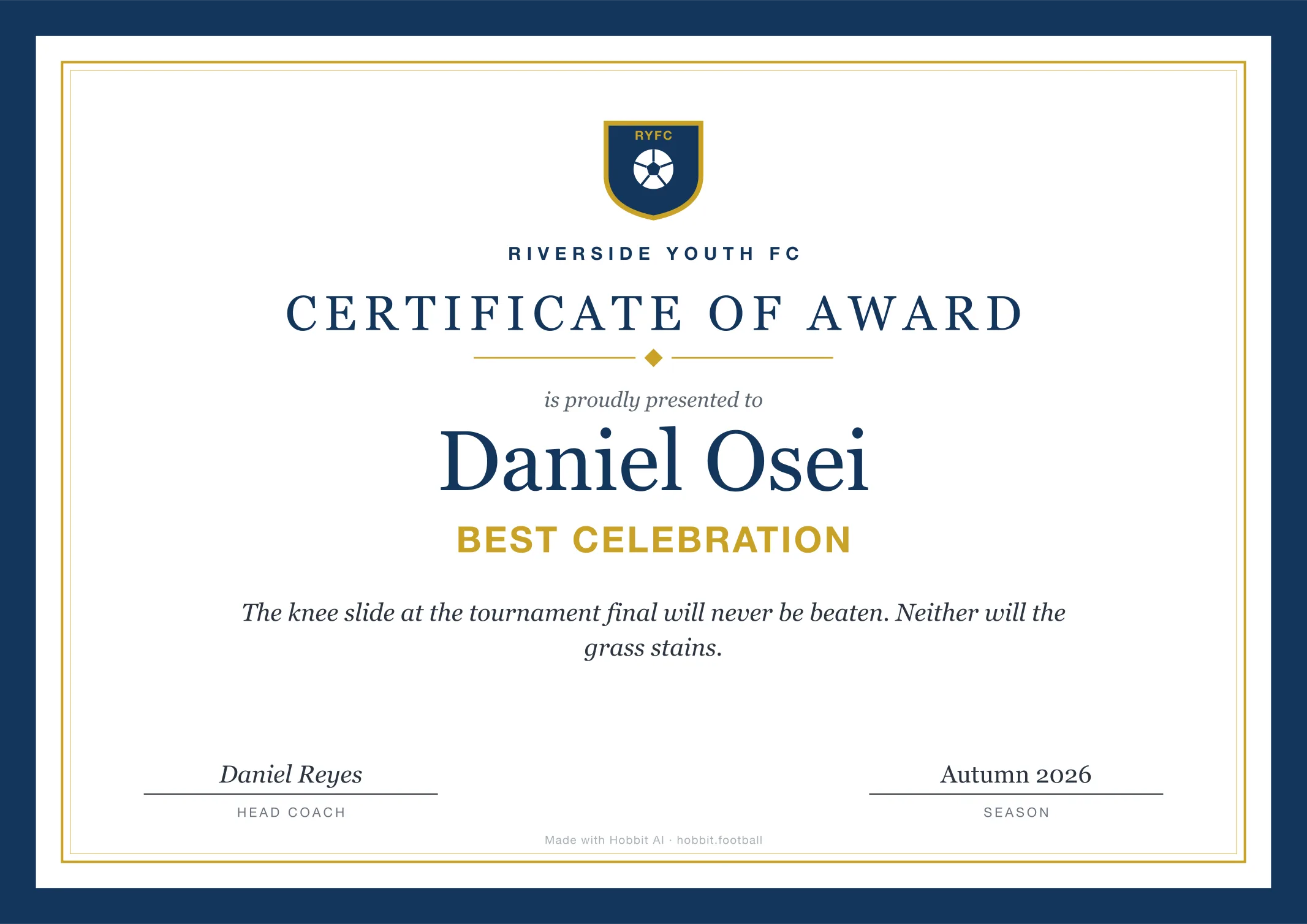 Soccer award certificate for Best Celebration, an end of season youth soccer award idea