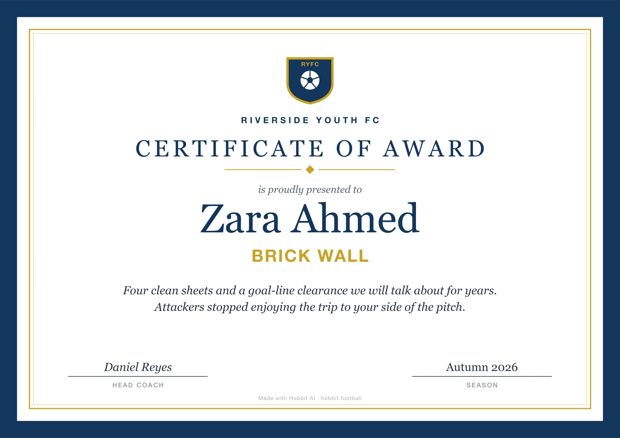 Soccer award certificate for Brick Wall, an end of season youth soccer award idea
