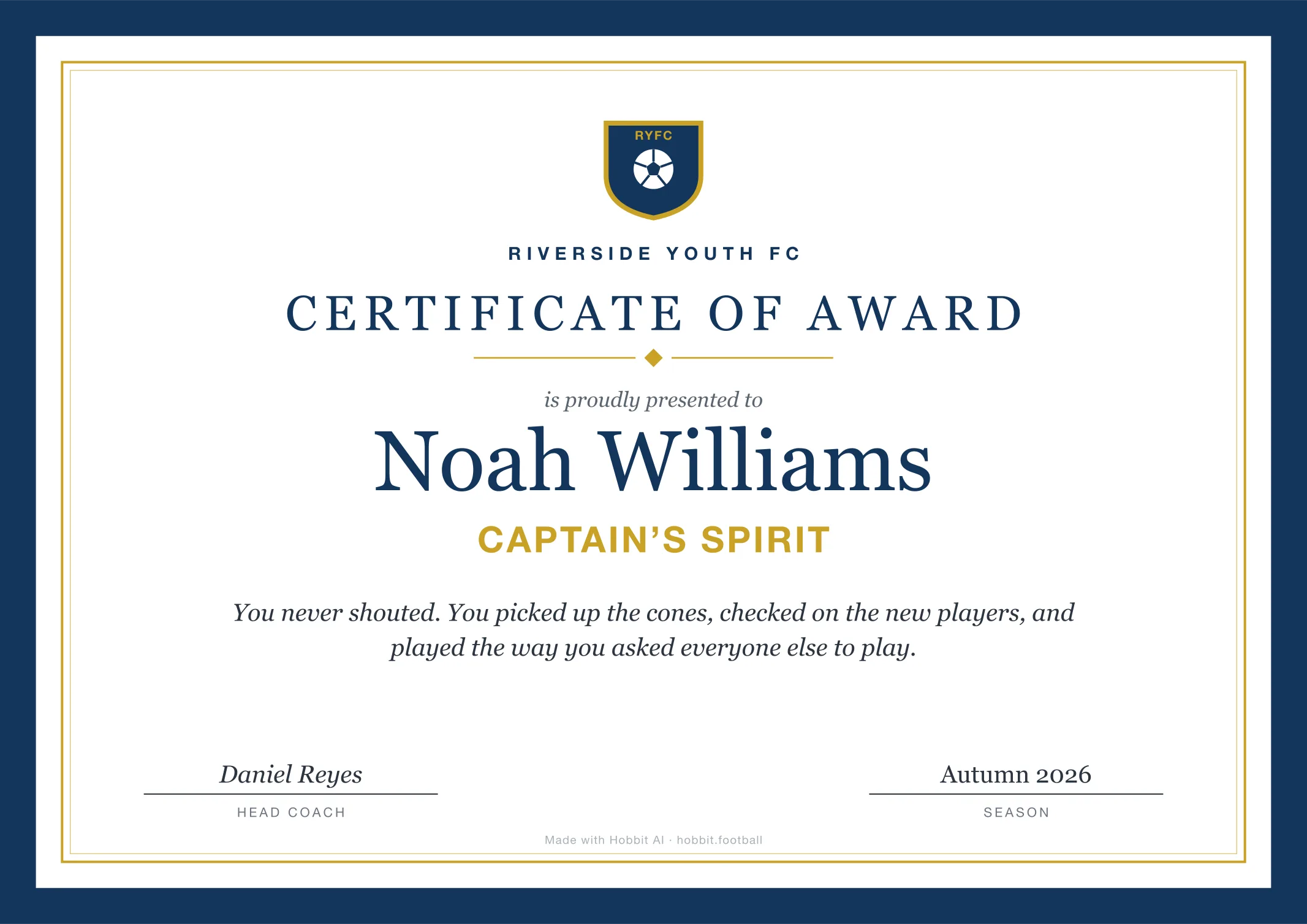 Soccer award certificate for Captain's Spirit, an end of season youth soccer award idea