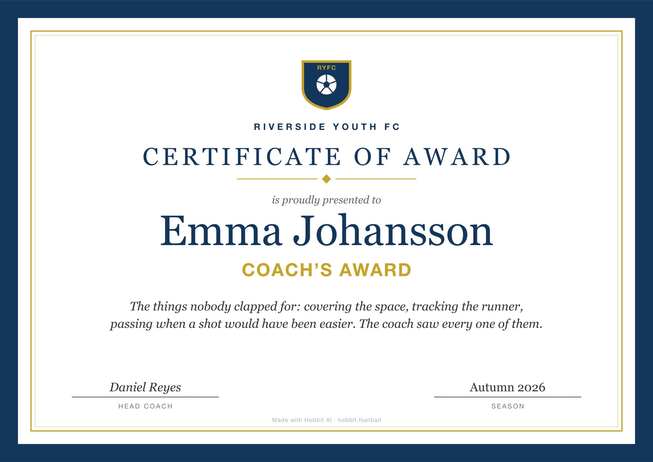 Soccer award certificate for Coach's Award, an end of season youth soccer award idea