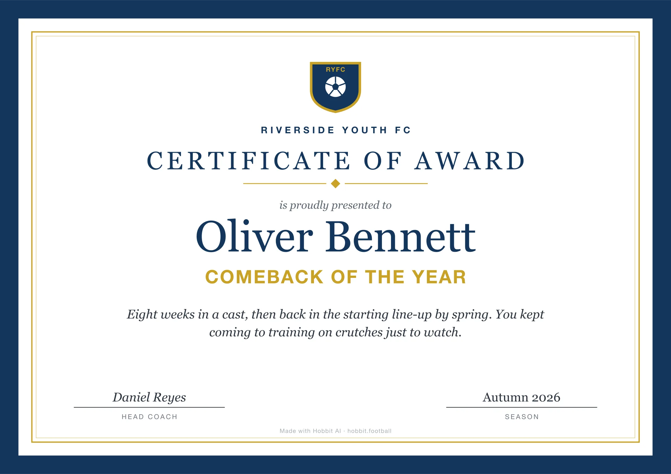 Soccer award certificate for Comeback of the Year, an end of season youth soccer award idea