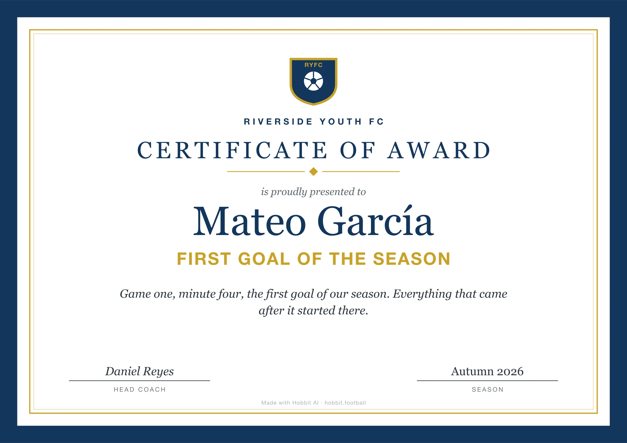 Soccer award certificate for First Goal of the Season, an end of season youth soccer award idea