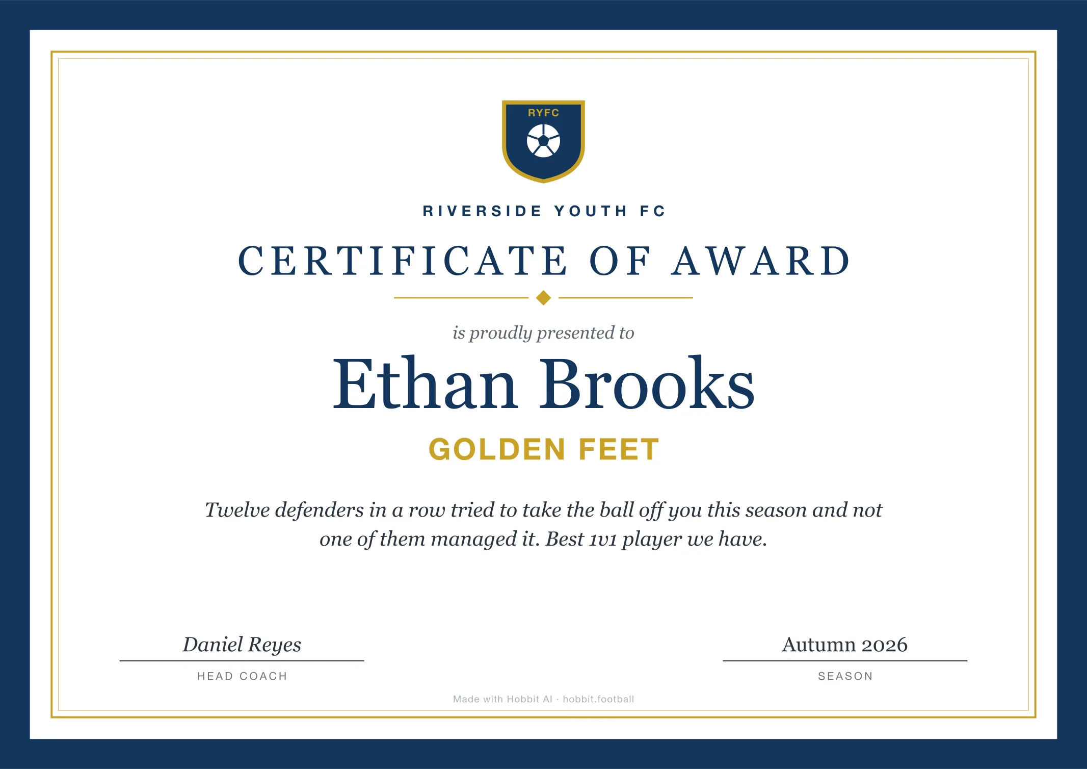 Soccer award certificate for Golden Feet, an end of season youth soccer award idea
