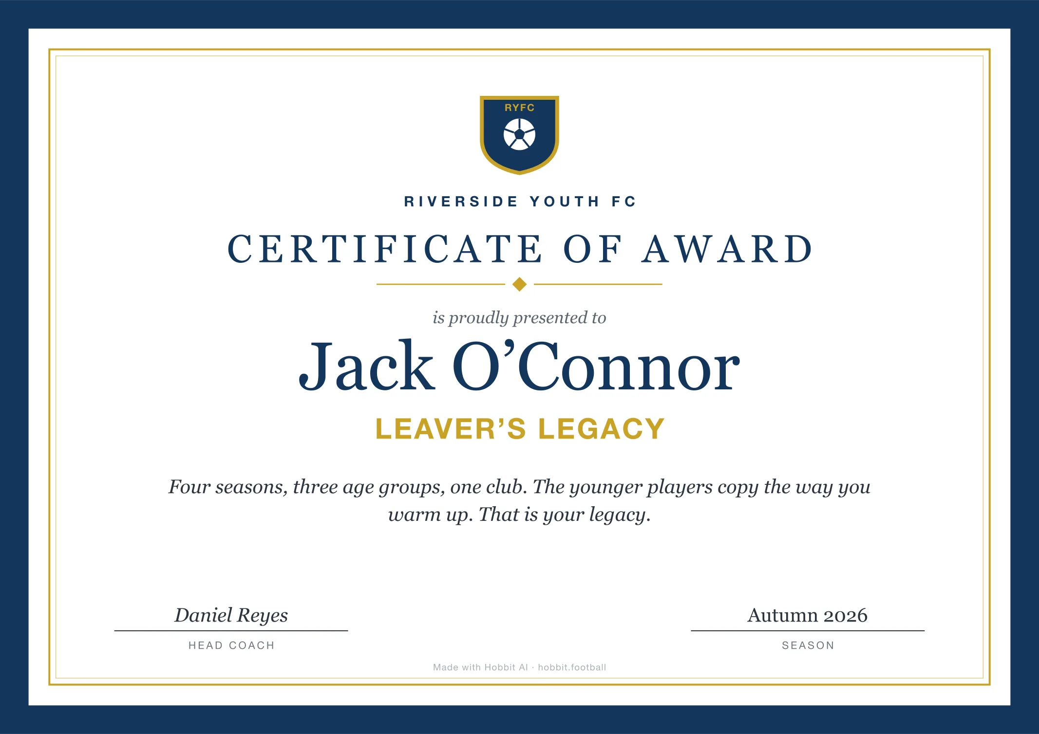 Soccer award certificate for Leaver's Legacy, an end of season youth soccer award idea