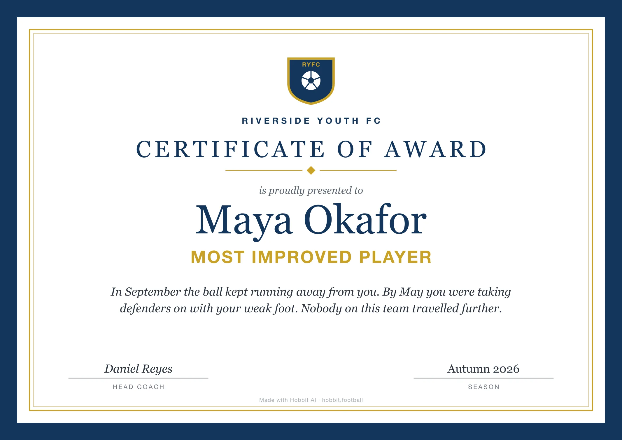 Soccer award certificate for Most Improved Player, an end of season youth soccer award idea