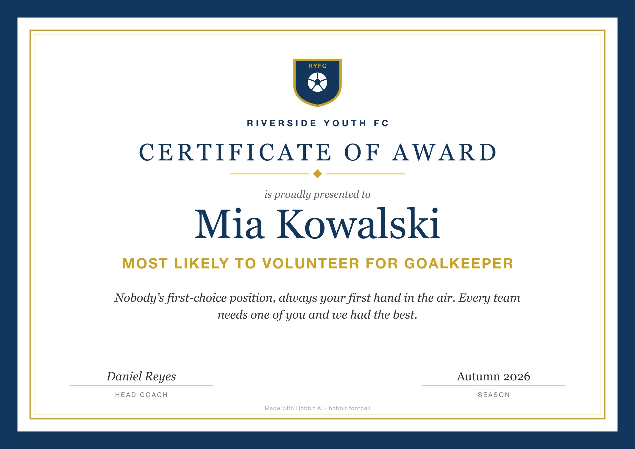 Soccer award certificate for Most Likely to Volunteer for Goalkeeper, an end of season youth soccer award idea