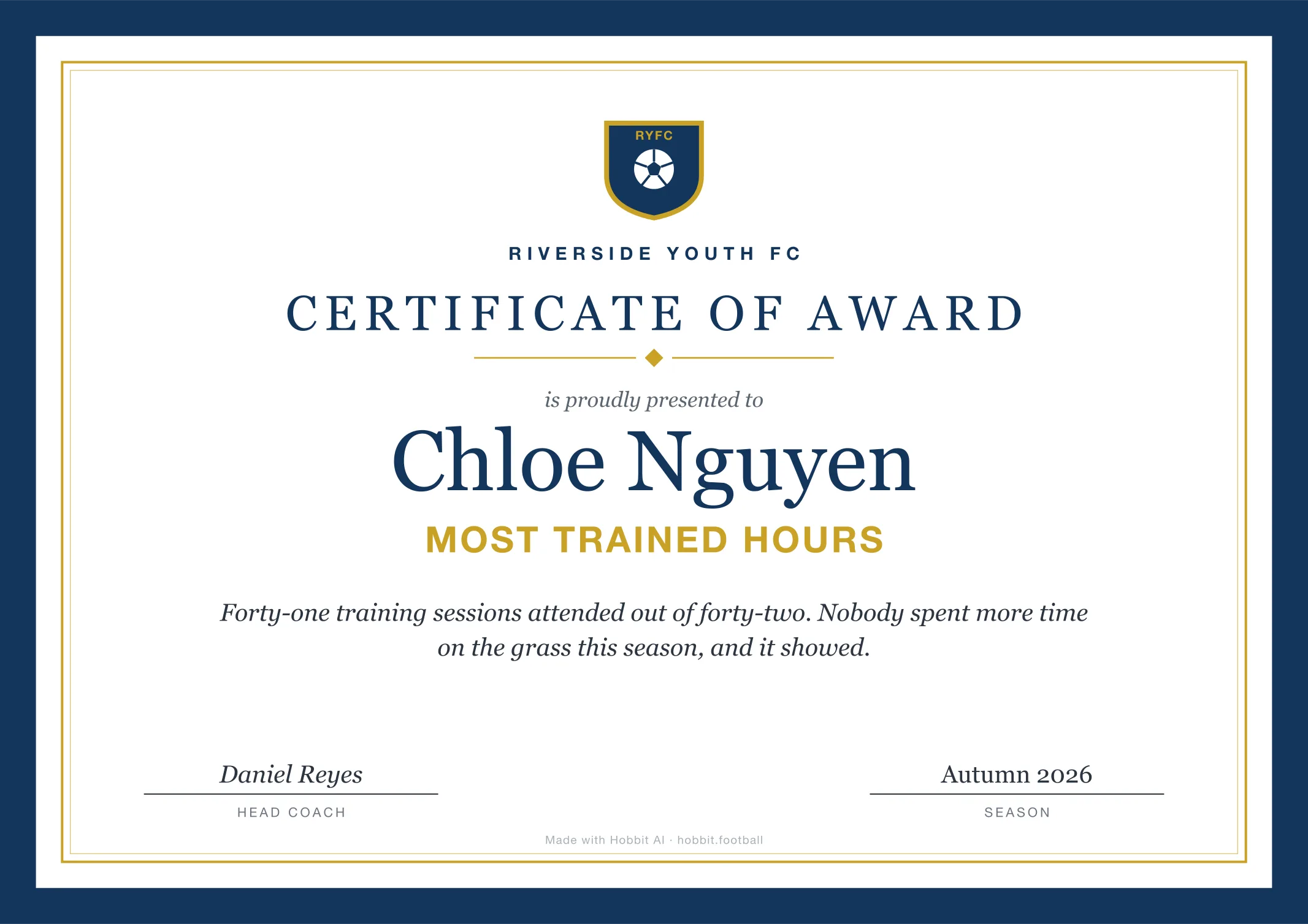 Soccer award certificate for Most Trained Hours, an end of season youth soccer award idea