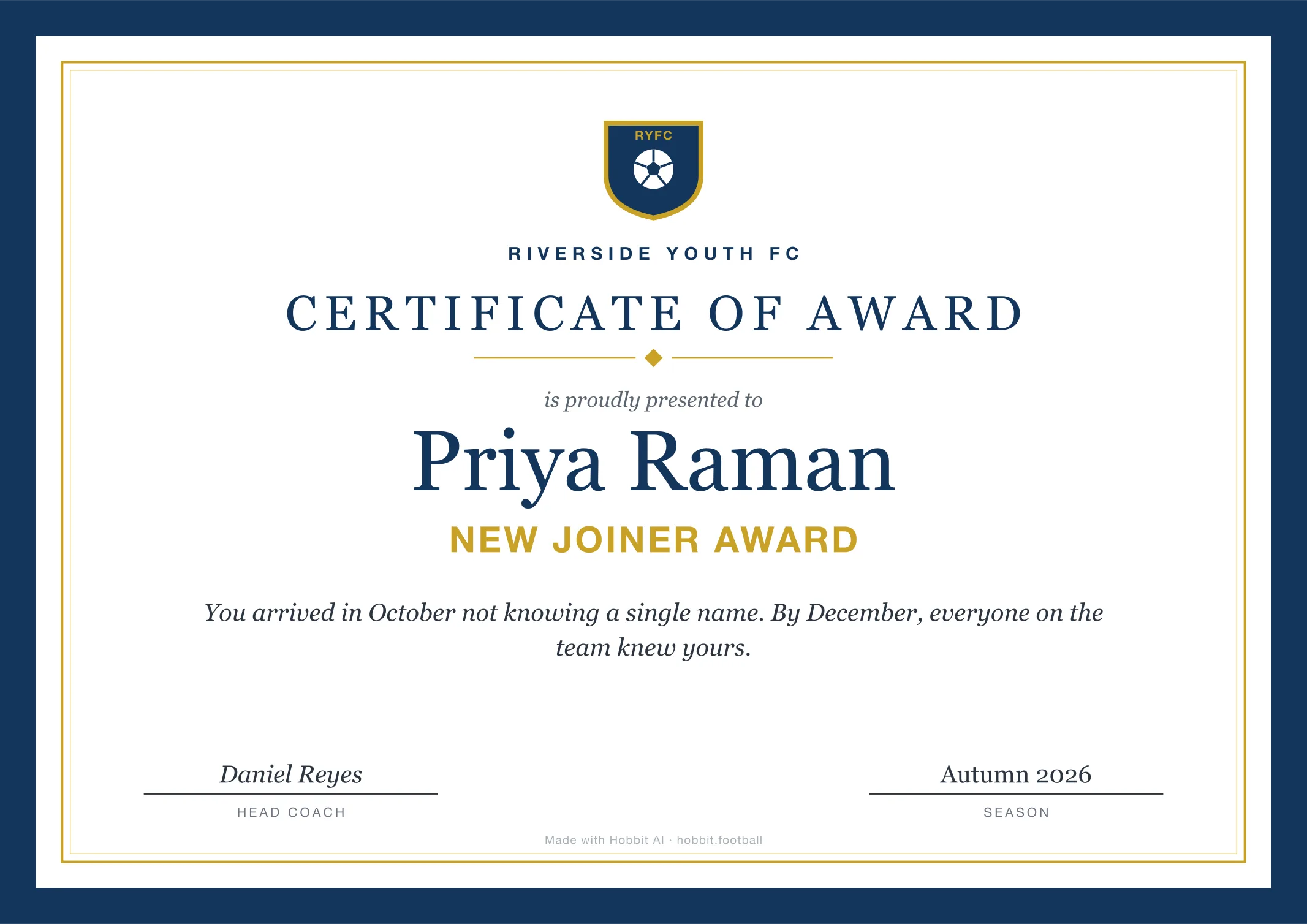 Soccer award certificate for New Joiner Award, an end of season youth soccer award idea