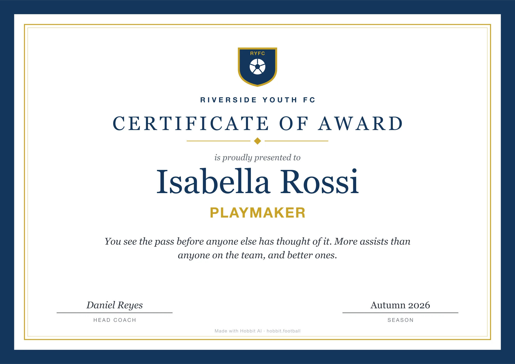 Soccer award certificate for Playmaker, an end of season youth soccer award idea