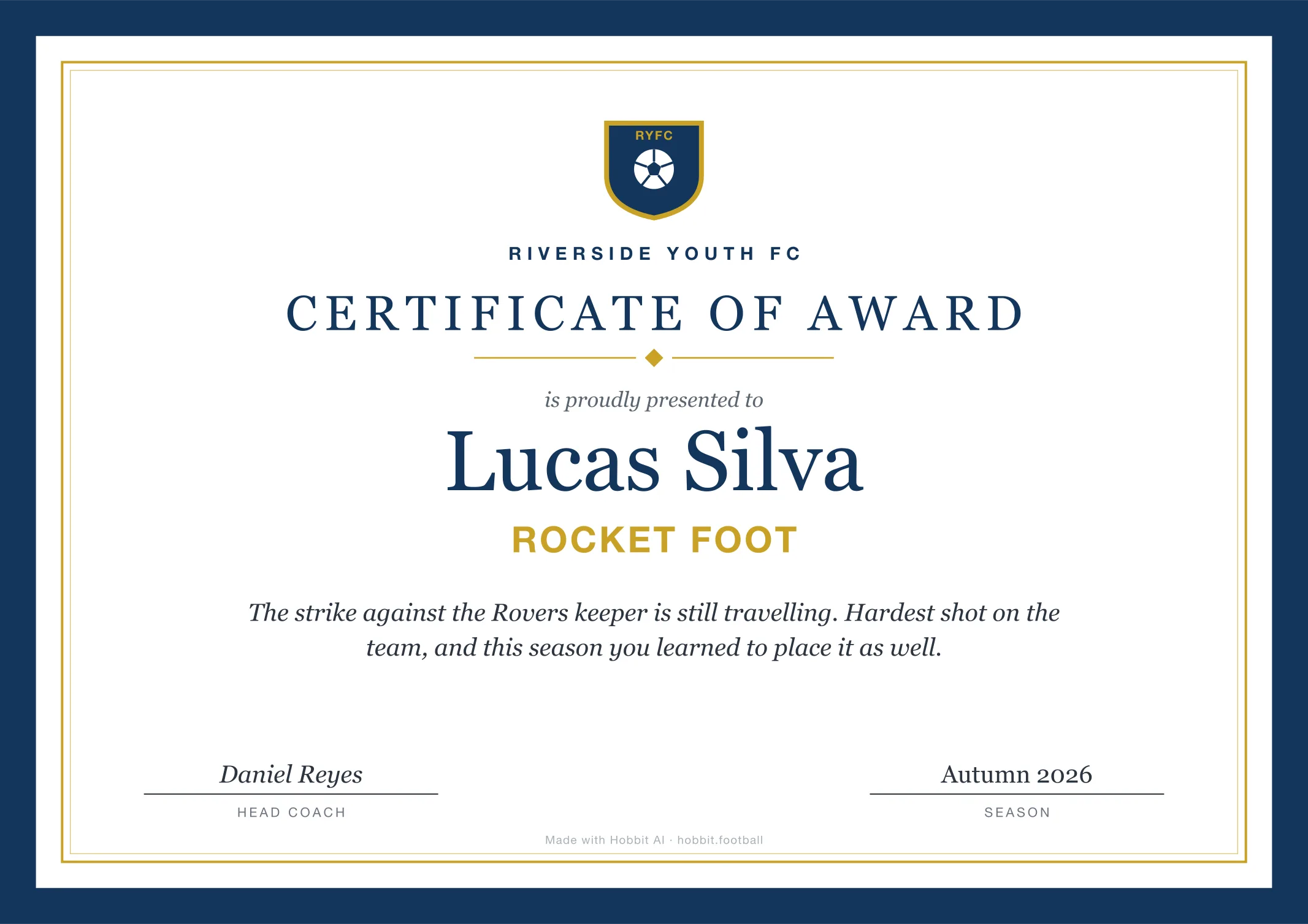 Soccer award certificate for Rocket Foot, an end of season youth soccer award idea