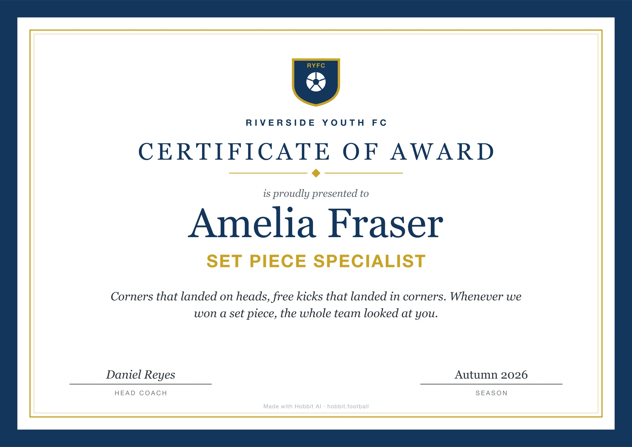 Soccer award certificate for Set Piece Specialist, an end of season youth soccer award idea