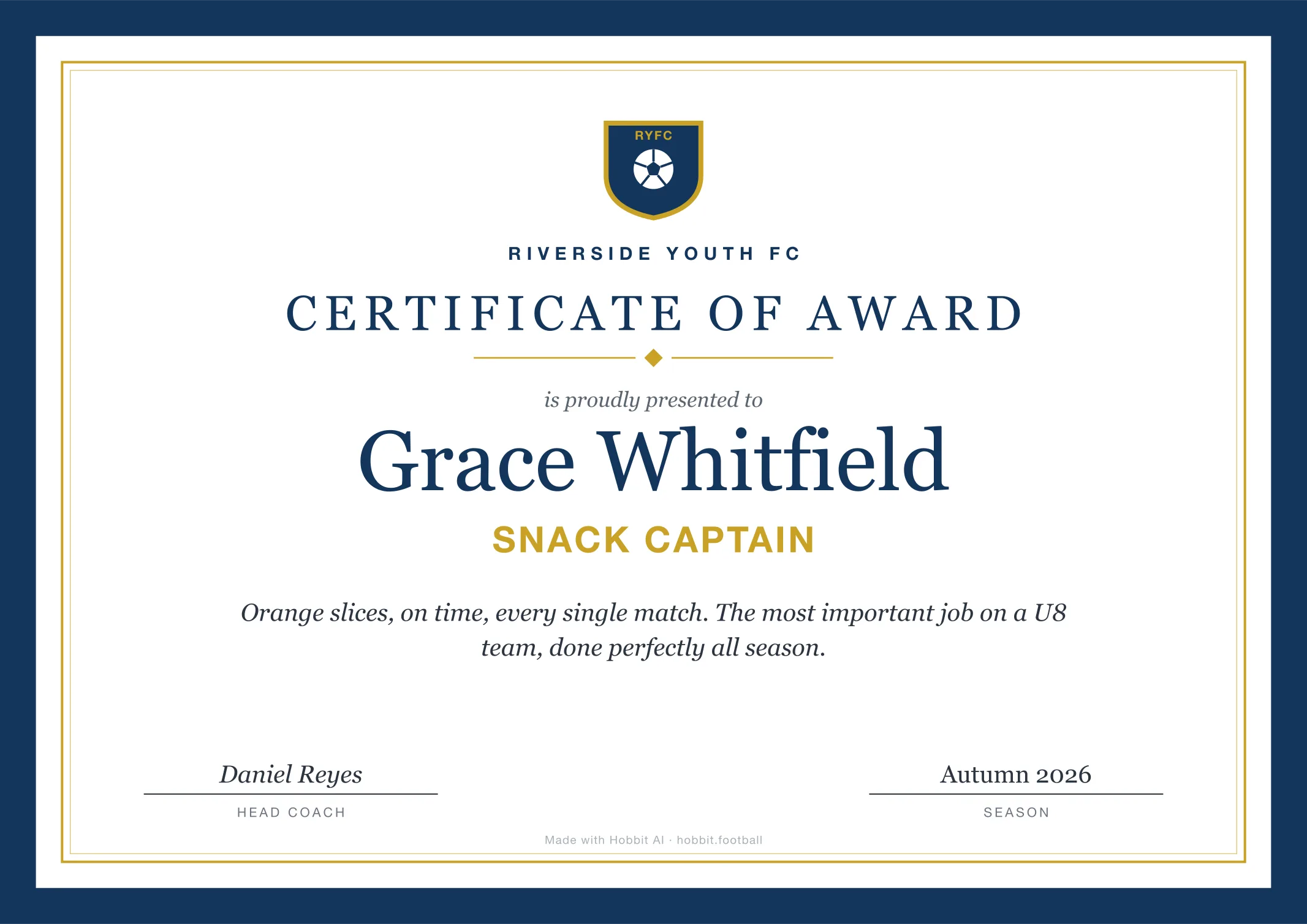 Soccer award certificate for Snack Captain, an end of season youth soccer award idea
