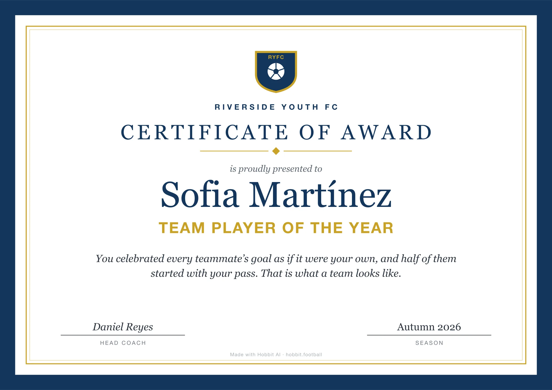 Soccer award certificate for Team Player of the Year, an end of season youth soccer award idea