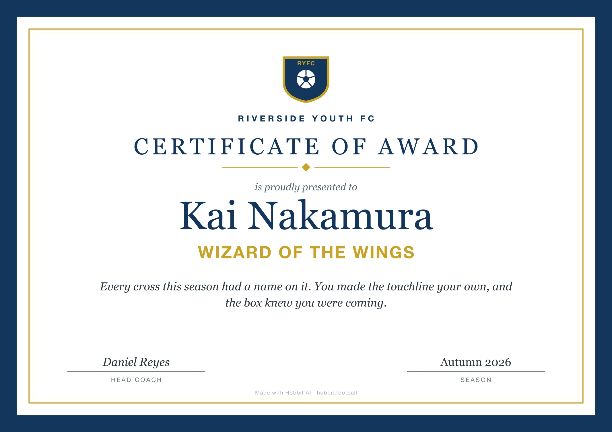 Soccer award certificate for Wizard of the Wings, an end of season youth soccer award idea