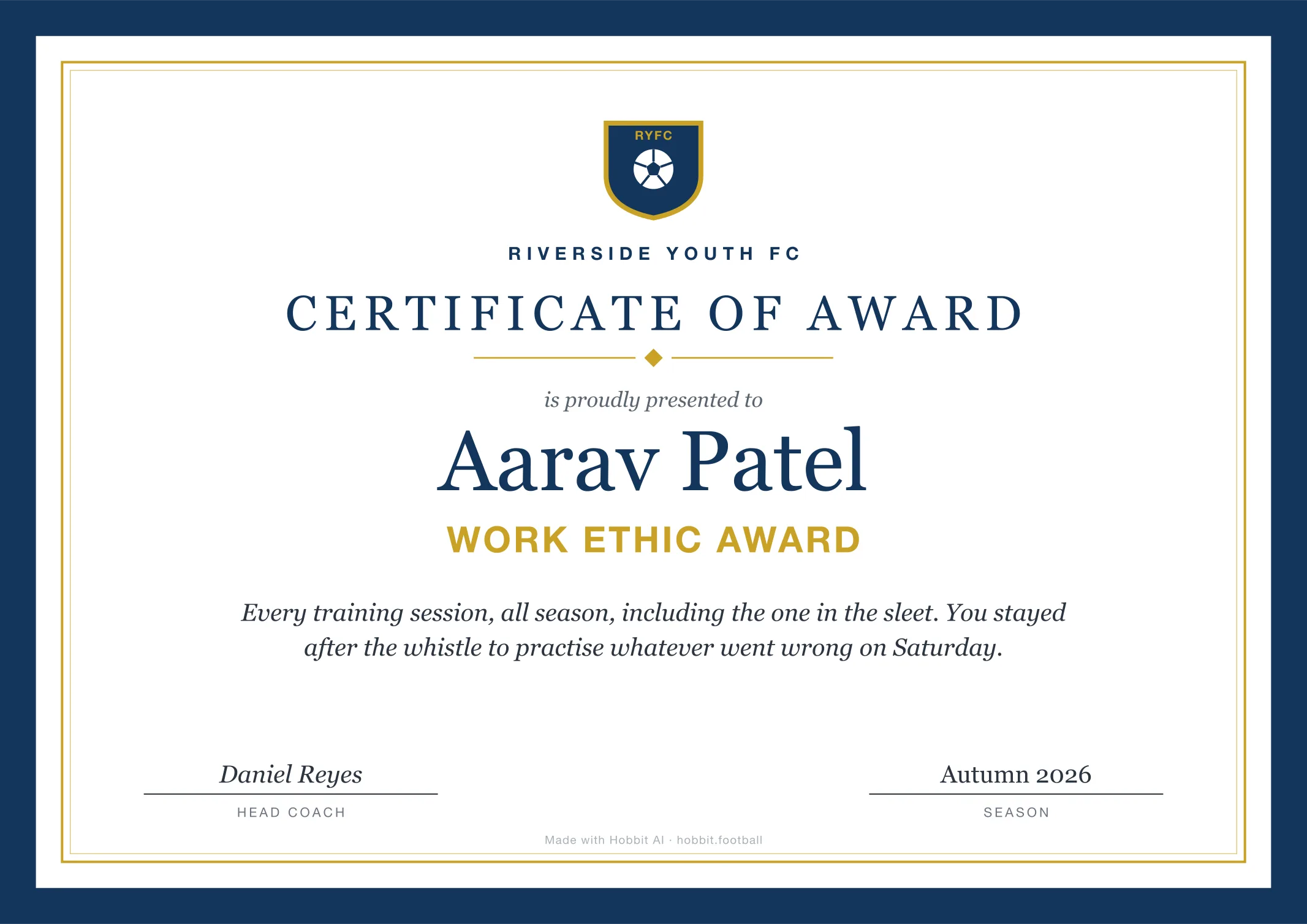 Soccer award certificate for Work Ethic Award, an end of season youth soccer award idea