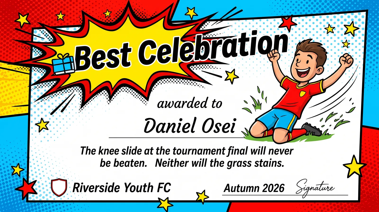 AI generated comic book style soccer award certificate for Best Celebration, made with the Hobbit graphic design module