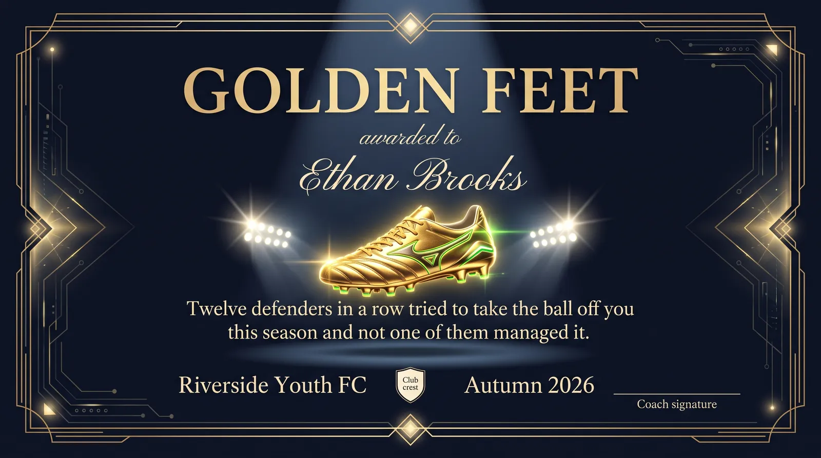 AI generated spotlight style soccer award certificate for Golden Feet, made with the Hobbit graphic design module