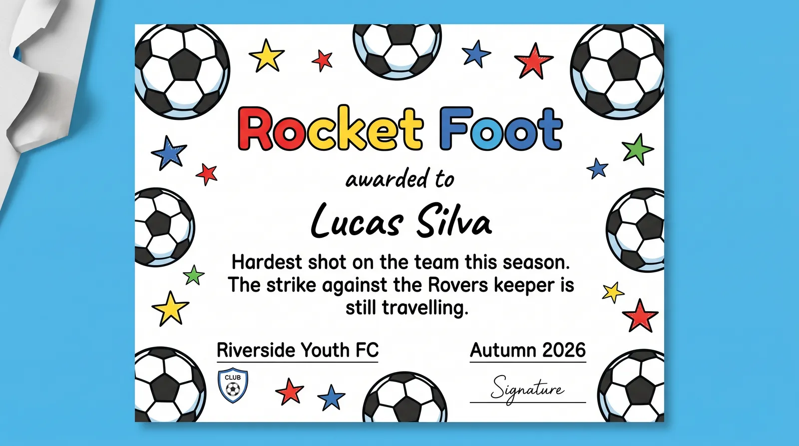 AI generated playful cartoon soccer award certificate for Rocket Foot, made with the Hobbit graphic design module
