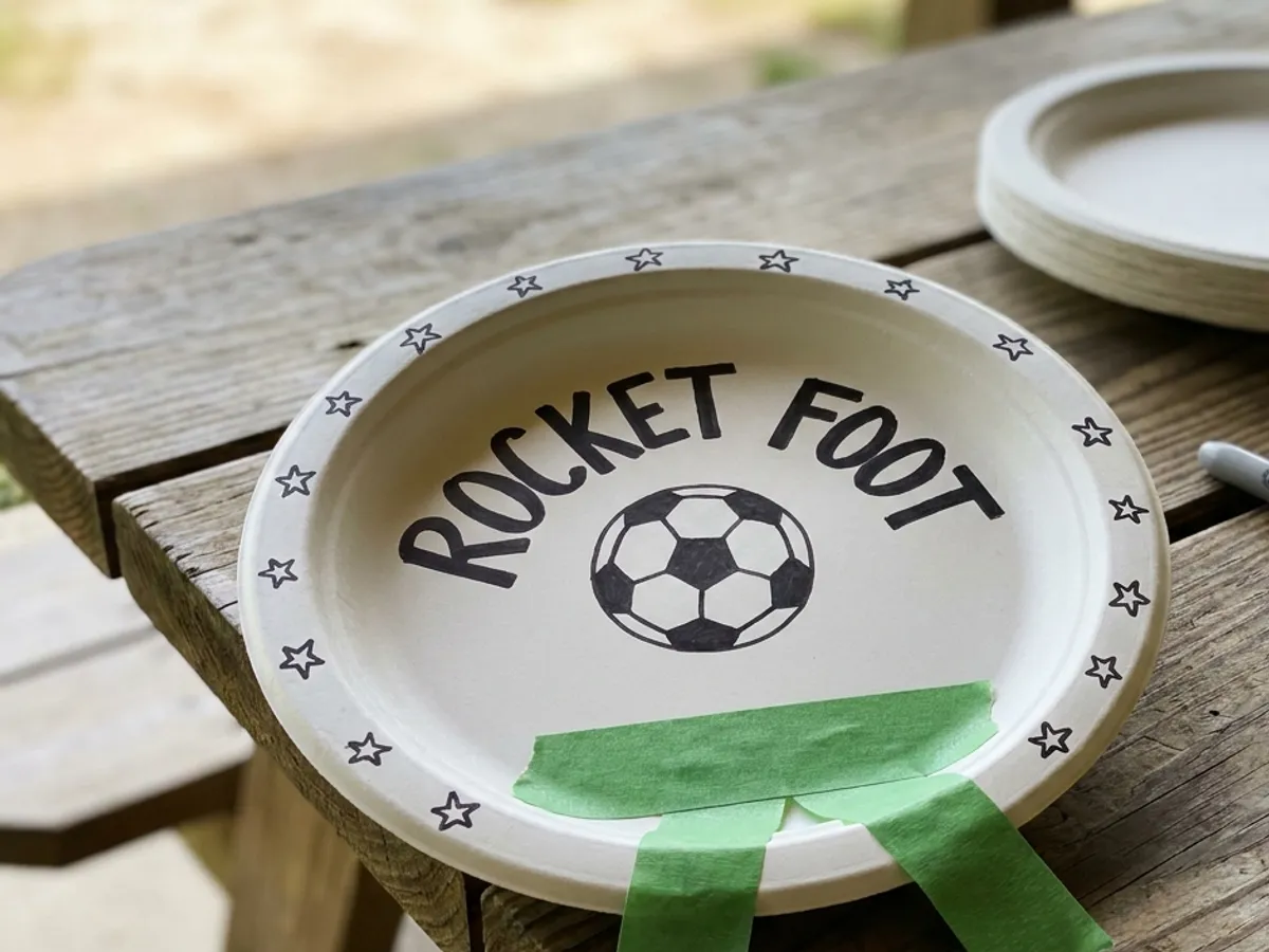 A paper plate soccer award reading Rocket Foot, drawn with a marker and a green tape ribbon