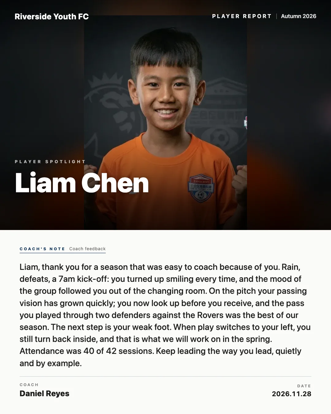 A Hobbit Player Report certificate: the player's portrait above the coach's end of season note